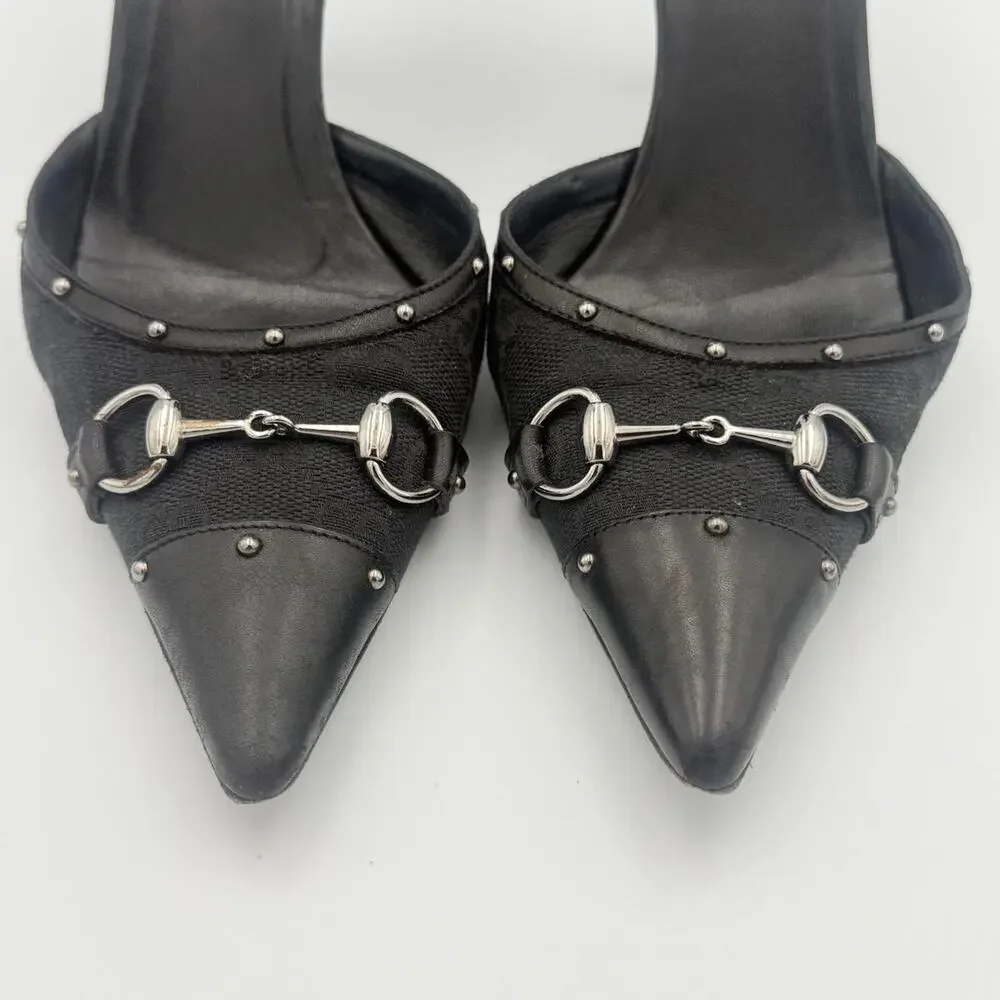 Vintage Gucci Monogram Horse bit Heels with Black Leather Cap Toe and Studs
